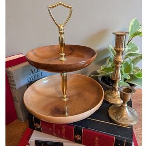 Vintage MCM Pacific Myrtlewood 2 Tier Serving Tray Hand Turned Wood Gold Handle